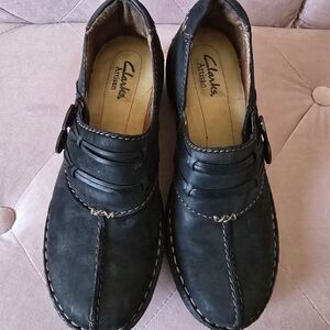 Clarks Artisan Black Leather Balance Man Made Shoe Womens  Sz 5.5M‎
